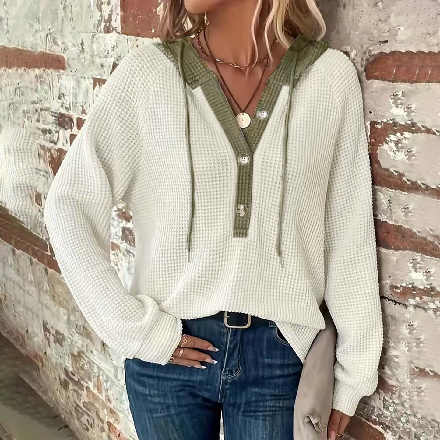 Women's Solid Color Waffle Hooded Button Loose Long Sleeve Sweatshirt