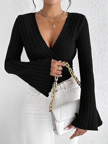 Women's Autumn Winter Ribbed Sunken Stripe V Neck Slim Fit Long Sleeve T Shirt
