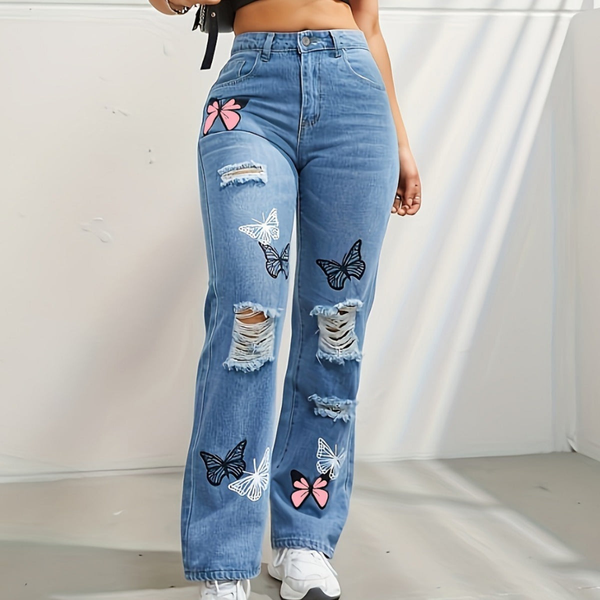 High Waisted Straight Leg Jeans For Women Trendy Butterfly Print Ripped Distressed Denim Pants JaysEssentials