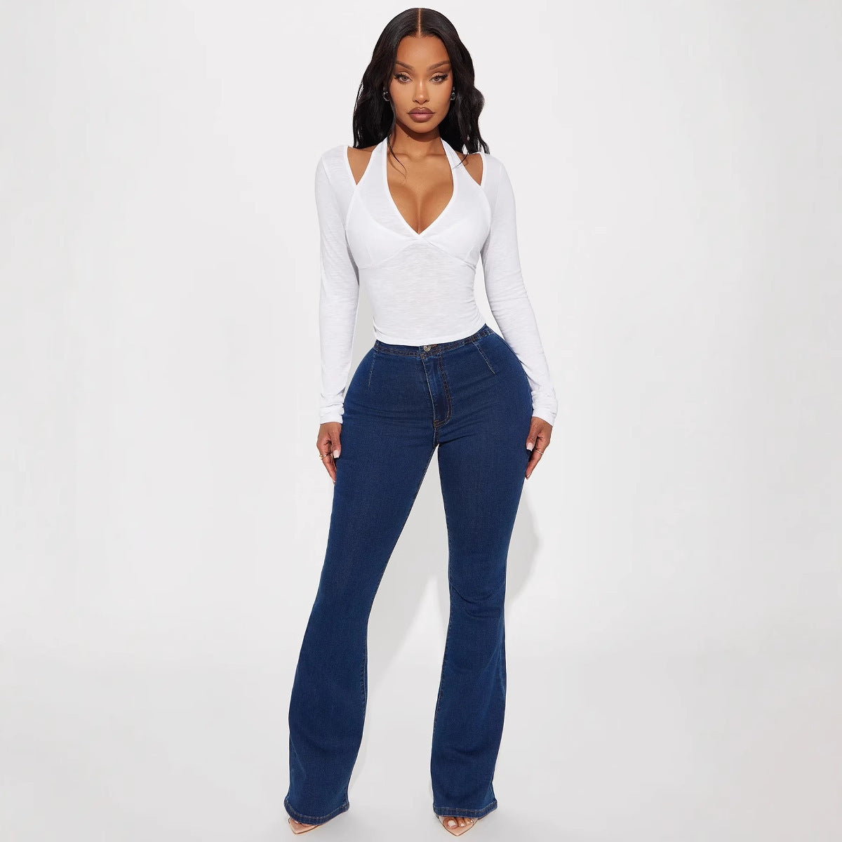 Women's Off The Shoulder V Neck Slim Fit Two Piece Top Long Sleeve