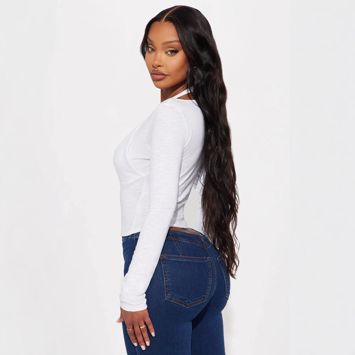 Women's Off The Shoulder V Neck Slim Fit Two Piece Top Long Sleeve