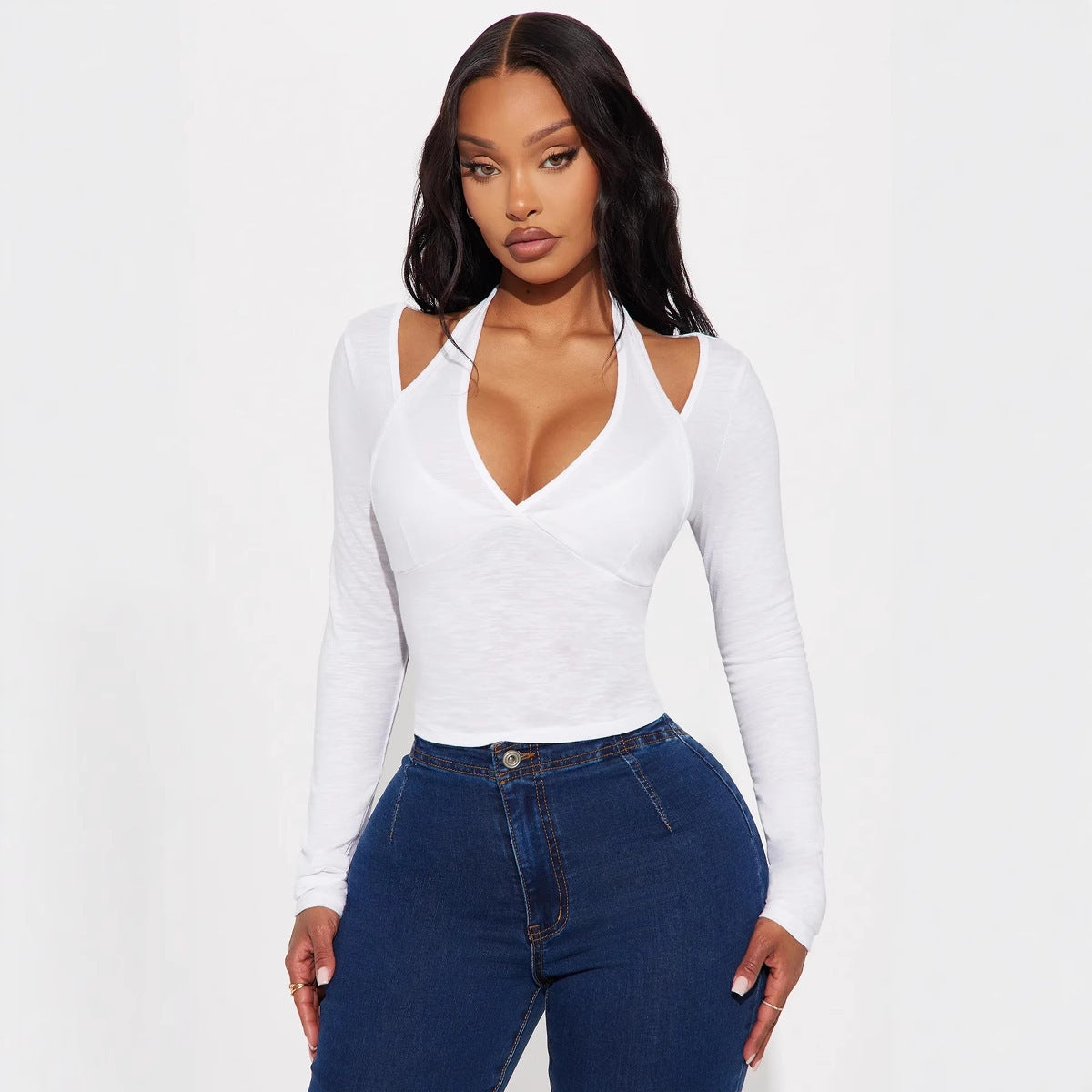 Women's Off The Shoulder V Neck Slim Fit Two Piece Top Long Sleeve