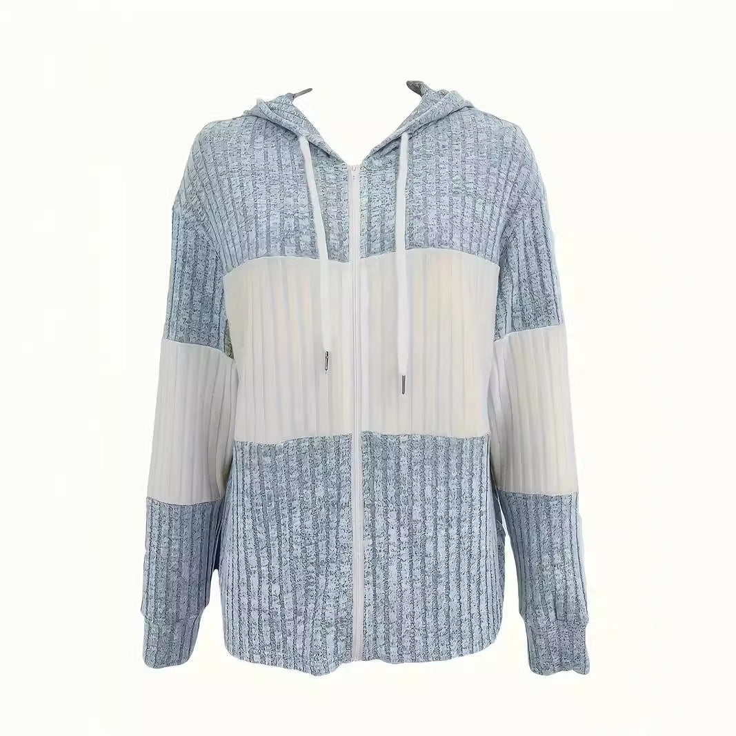 Hooded Casual Thermal Zipper Women's Coat in Green Black and Light Blue