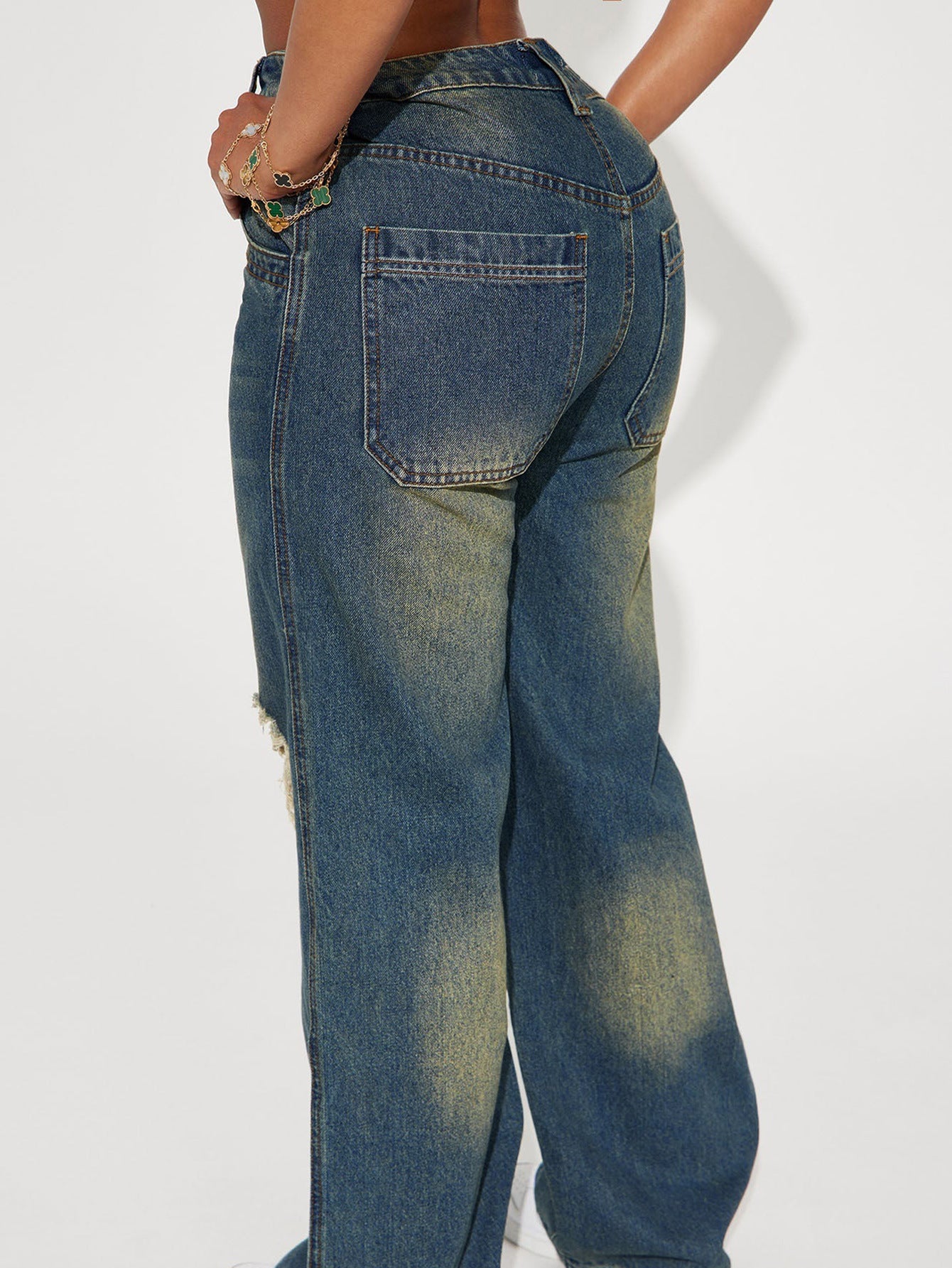 Retro Heavy Duty Washed Knee Ripped Wide Leg Jeans in Sea Blue