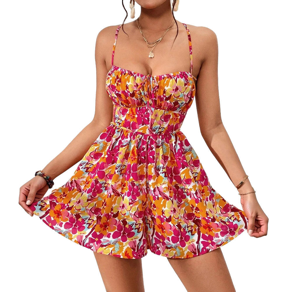 Women's Floral Print Dress Summer Lace-up Back Seaside Holiday Short Dresses JaysEssentials