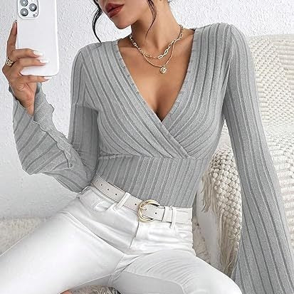 Women's Autumn Winter Ribbed Sunken Stripe V Neck Slim Fit Long Sleeve T Shirt