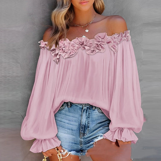 Ruffled Off Shoulder Long Sleeve Pullover Top in Pink and White