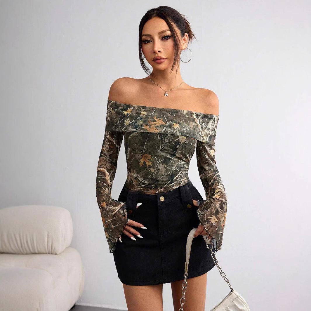 Mesh Printed Off Shoulder Long Sleeve Fitted T Shirt Top in Olive