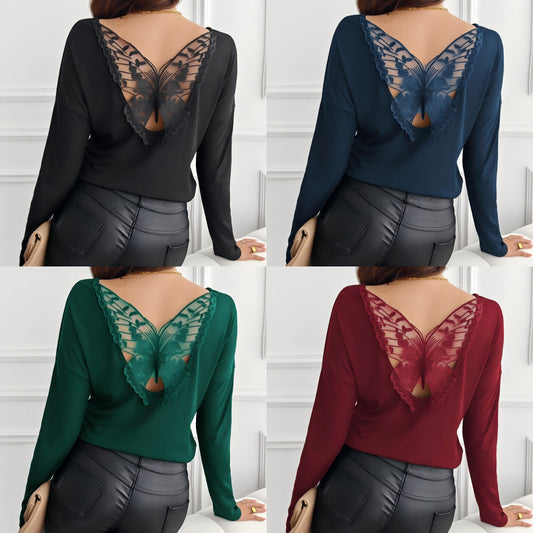 Women's Solid Color Back Stitching Pansy Rib Long Sleeve T Shirt