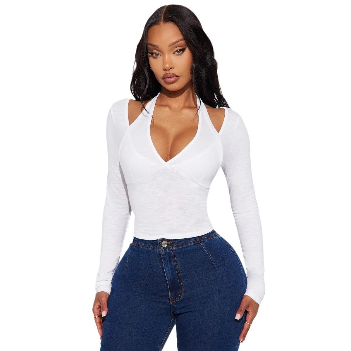 Women's Off The Shoulder V Neck Slim Fit Two Piece Top Long Sleeve