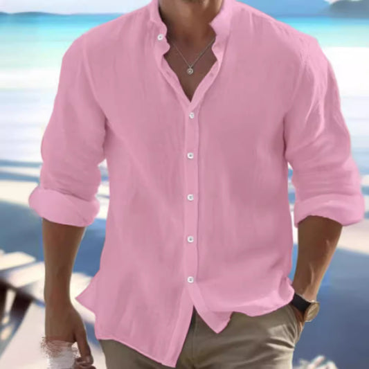 Mens Linen Button Summer Beach Shirt Casual Pullover Cotton Long Staple Fabric