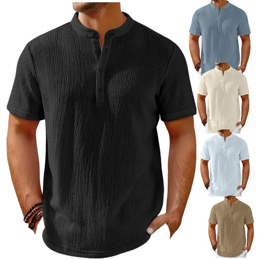 Mens Retro Cotton And Linen Stripes Henley Shirt Casual Loose Fit Shirt