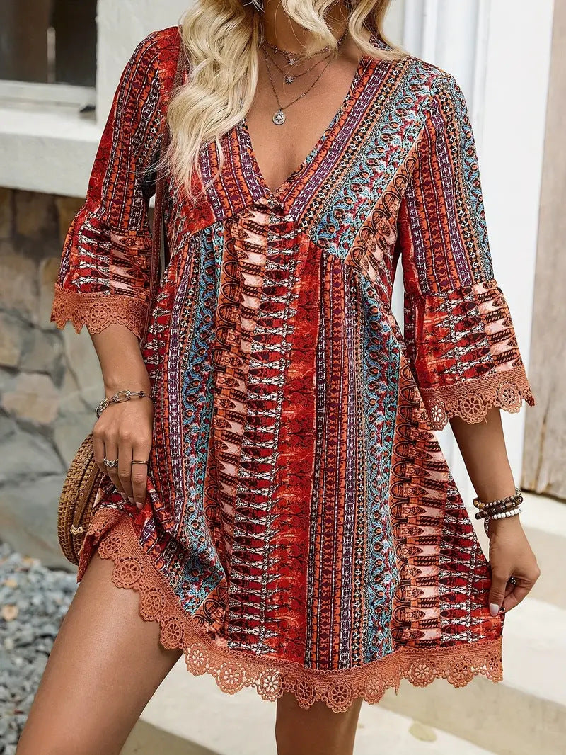 V-neck Printed Casual Loose Dress JaysEssentials
