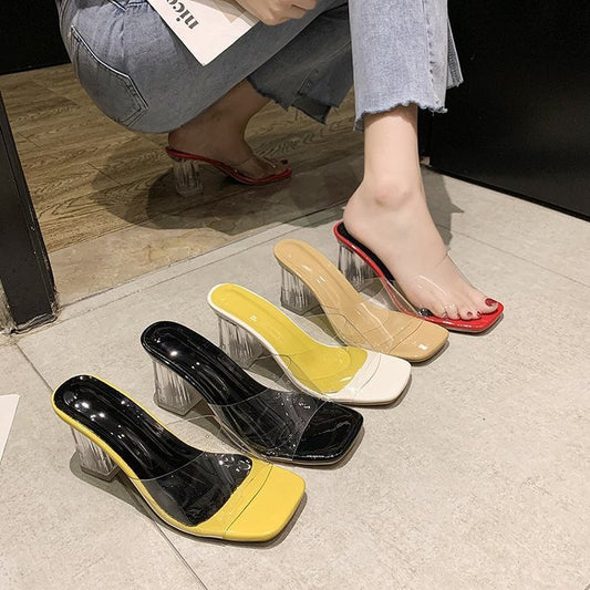 Square Head Transparent Wine Glass High Heel Slippers For Women