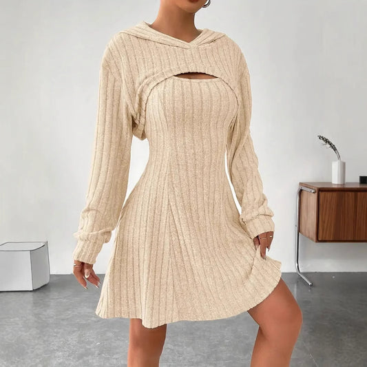 New Fashion Fall Winter Hooded Shawl Long Sleeved Vest Short Skirt Two Piece Set for Women