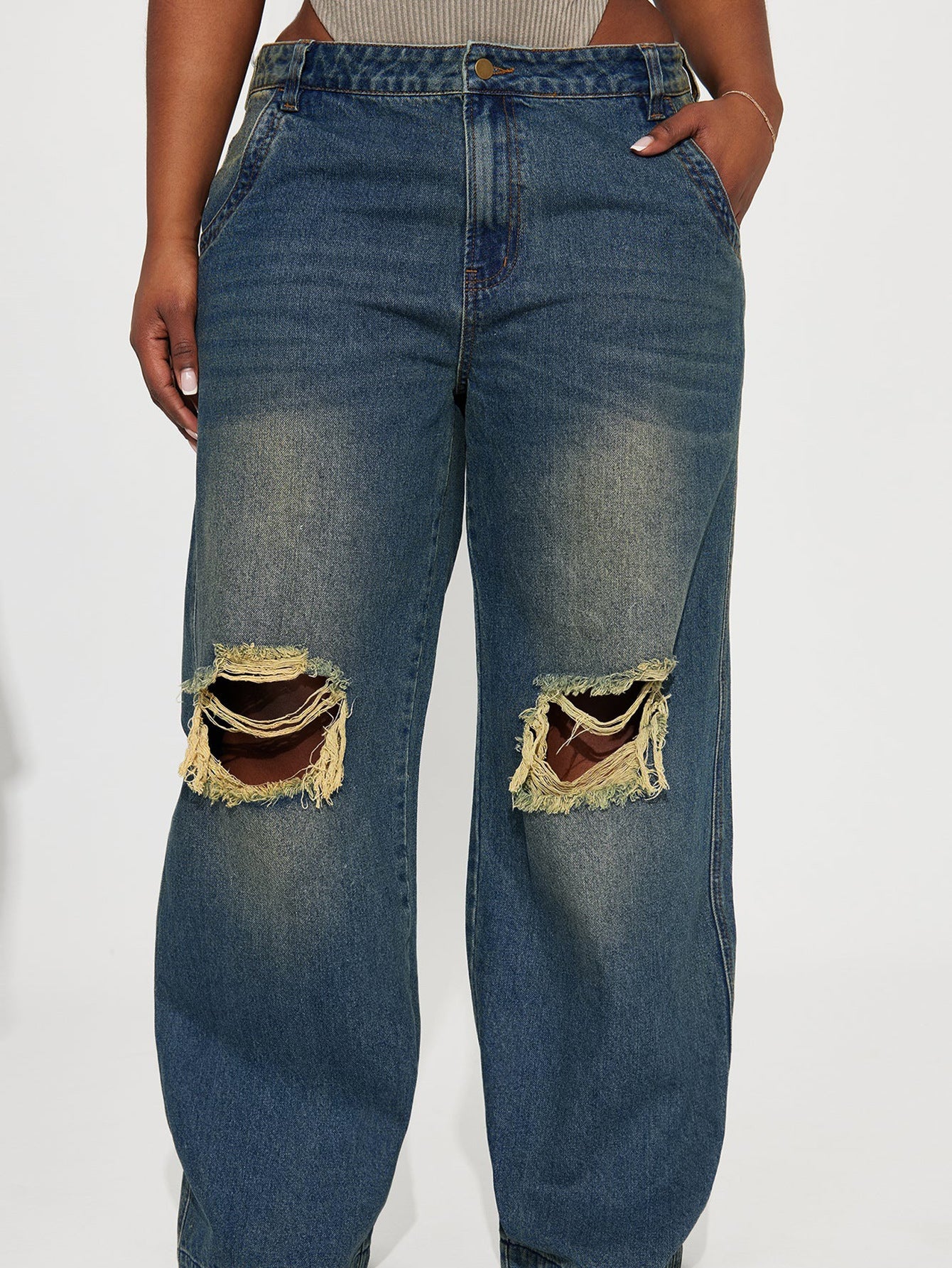 Retro Heavy Duty Washed Knee Ripped Wide Leg Jeans in Sea Blue