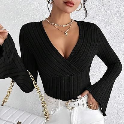 Women's Autumn Winter Ribbed Sunken Stripe V Neck Slim Fit Long Sleeve T Shirt
