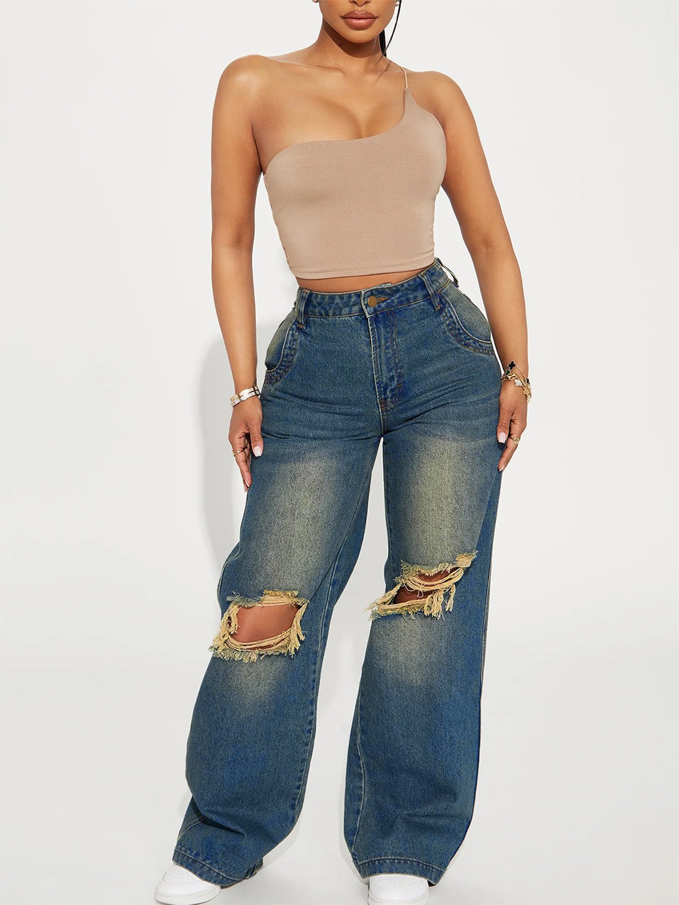 Retro Heavy Duty Washed Knee Ripped Wide Leg Jeans in Sea Blue