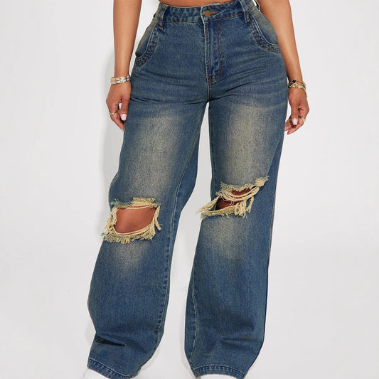 Retro Heavy Duty Washed Knee Ripped Wide Leg Jeans in Sea Blue