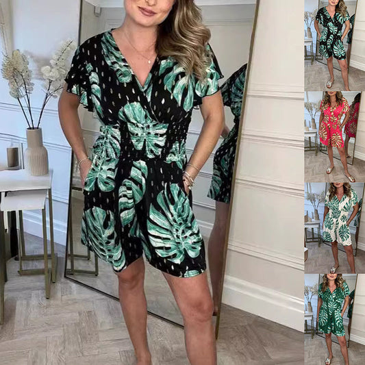 Leaf Print Shorts Jumpsuit Summer Beach Short-sleeved Bodysuit For Women Clothing JaysEssentials
