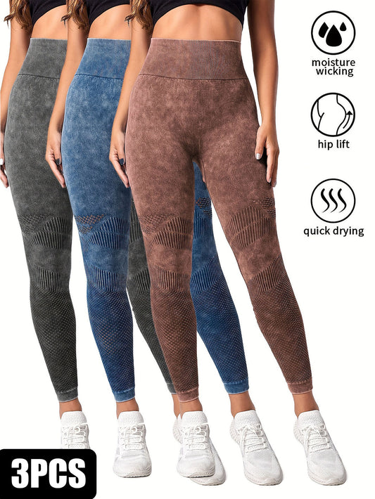 3 Pack Women's Seamless Washed Wide Waistband Sports Leggings High Waist Yoga Leggings for tummy control and hip lift