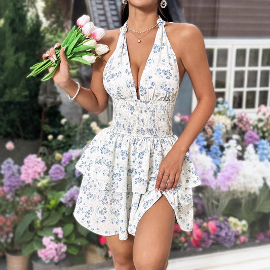 Women's Holiday Floral Flounce Halterneck Backless Dress