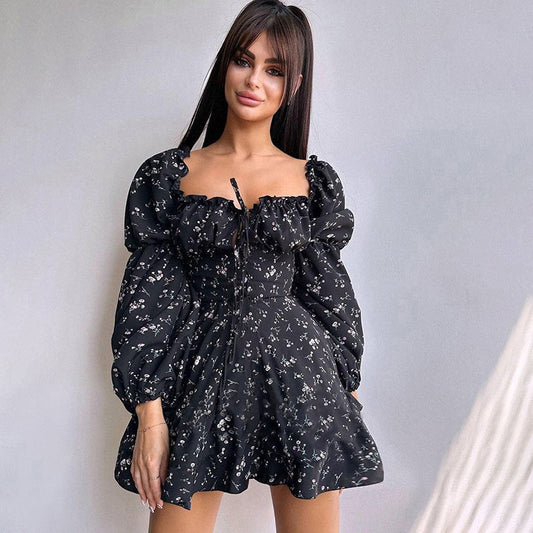 Women's Autumn Fashion Floral Long Sleeve Black Dress High Waist Hip Skirt S M L