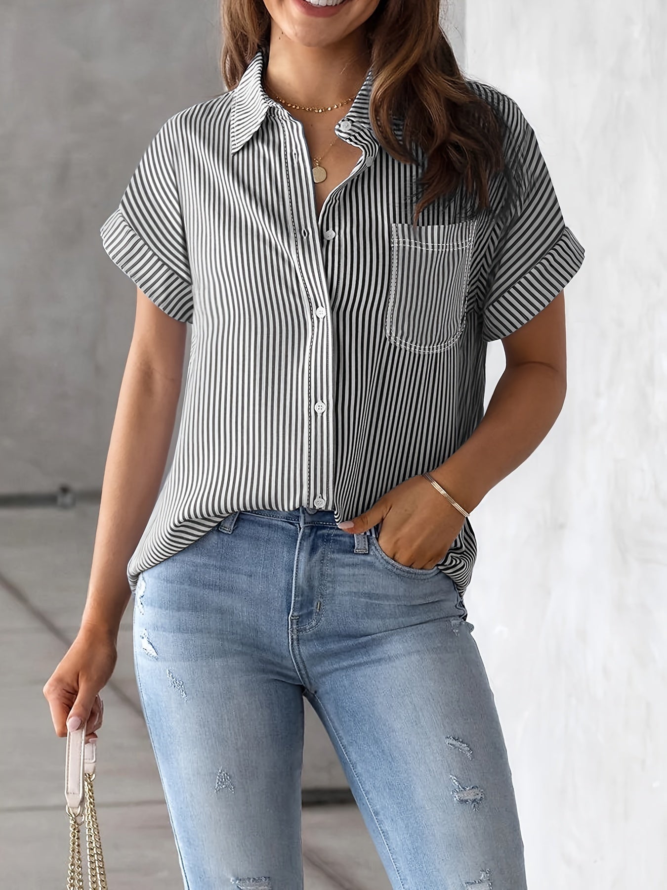 Elegant Plus Size Striped Blouse With Pocket For Women