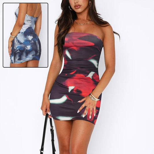 Tube Top Printed Pleated Pullover Hip Wrap Short Dress JaysEssentials
