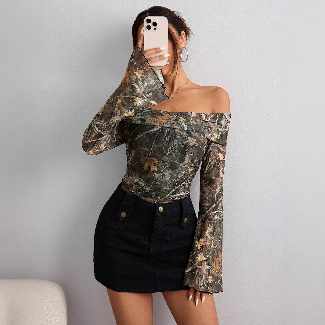 Mesh Printed Off Shoulder Long Sleeve Fitted T Shirt Top in Olive