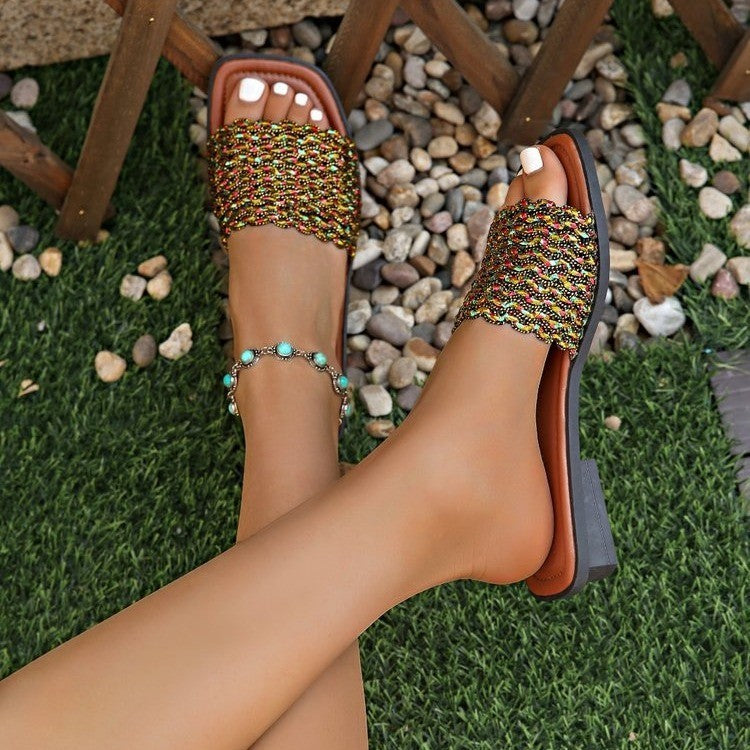 Women's Stylish Woven Square Toe Slippers for All-Day Comfort