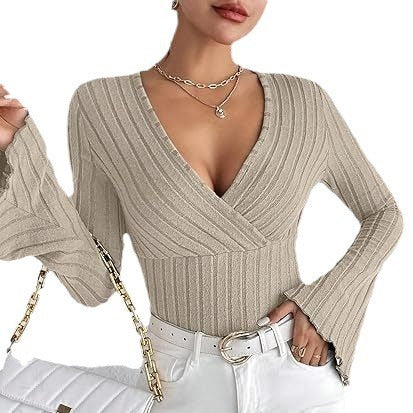 Women's Autumn Winter Ribbed Sunken Stripe V Neck Slim Fit Long Sleeve T Shirt
