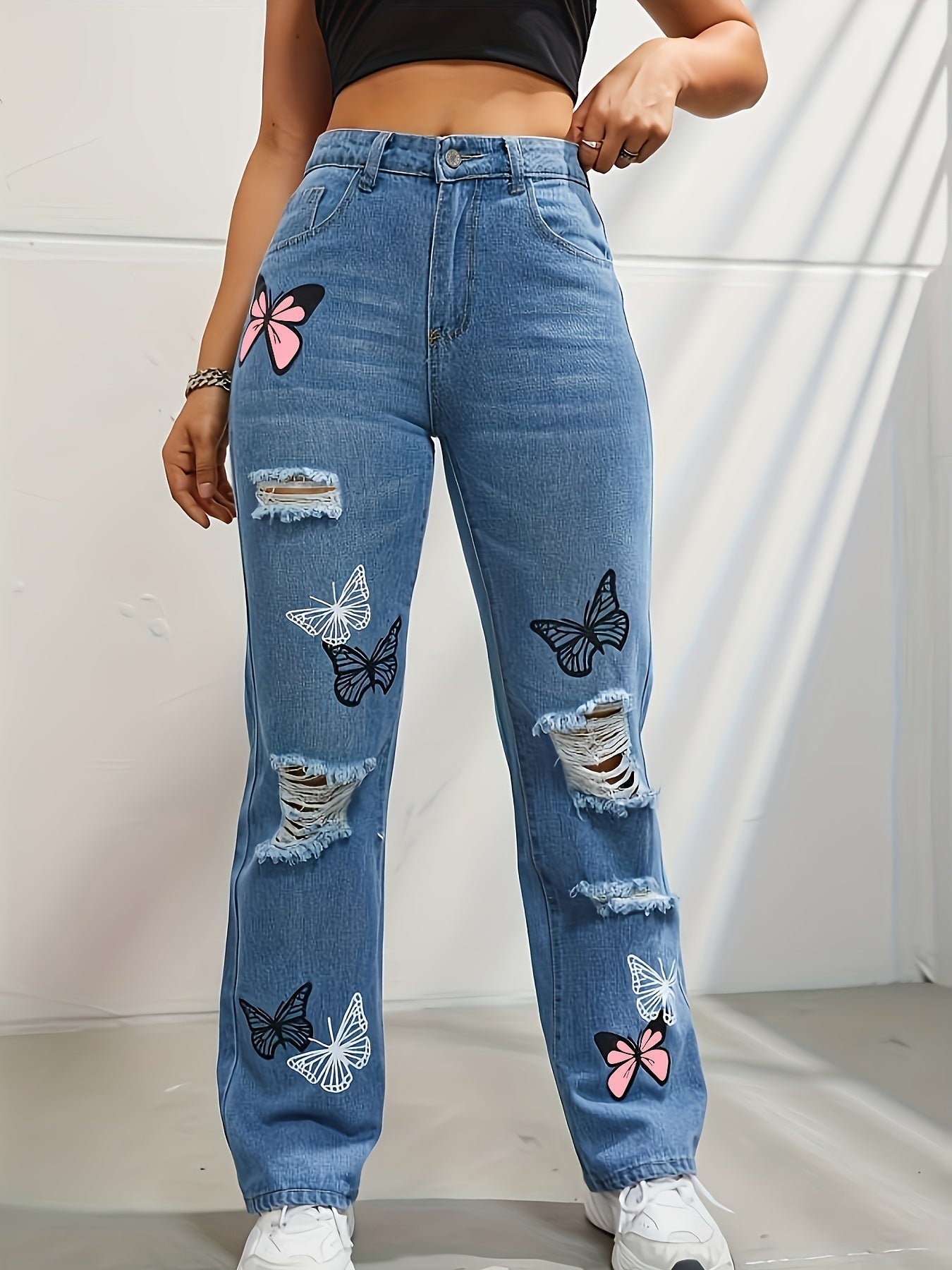 High Waisted Straight Leg Jeans For Women Trendy Butterfly Print Ripped Distressed Denim Pants JaysEssentials