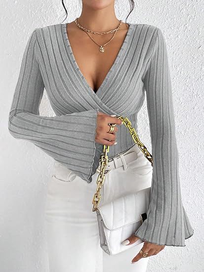 Women's Autumn Winter Ribbed Sunken Stripe V Neck Slim Fit Long Sleeve T Shirt