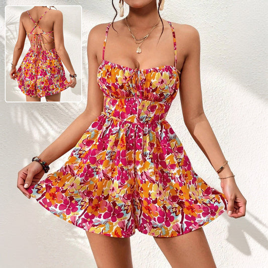 Women's Floral Print Dress Summer Lace-up Back Seaside Holiday Short Dresses JaysEssentials