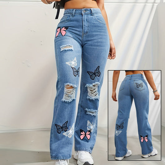 High Waisted Straight Leg Jeans For Women Trendy Butterfly Print Ripped Distressed Denim Pants JaysEssentials